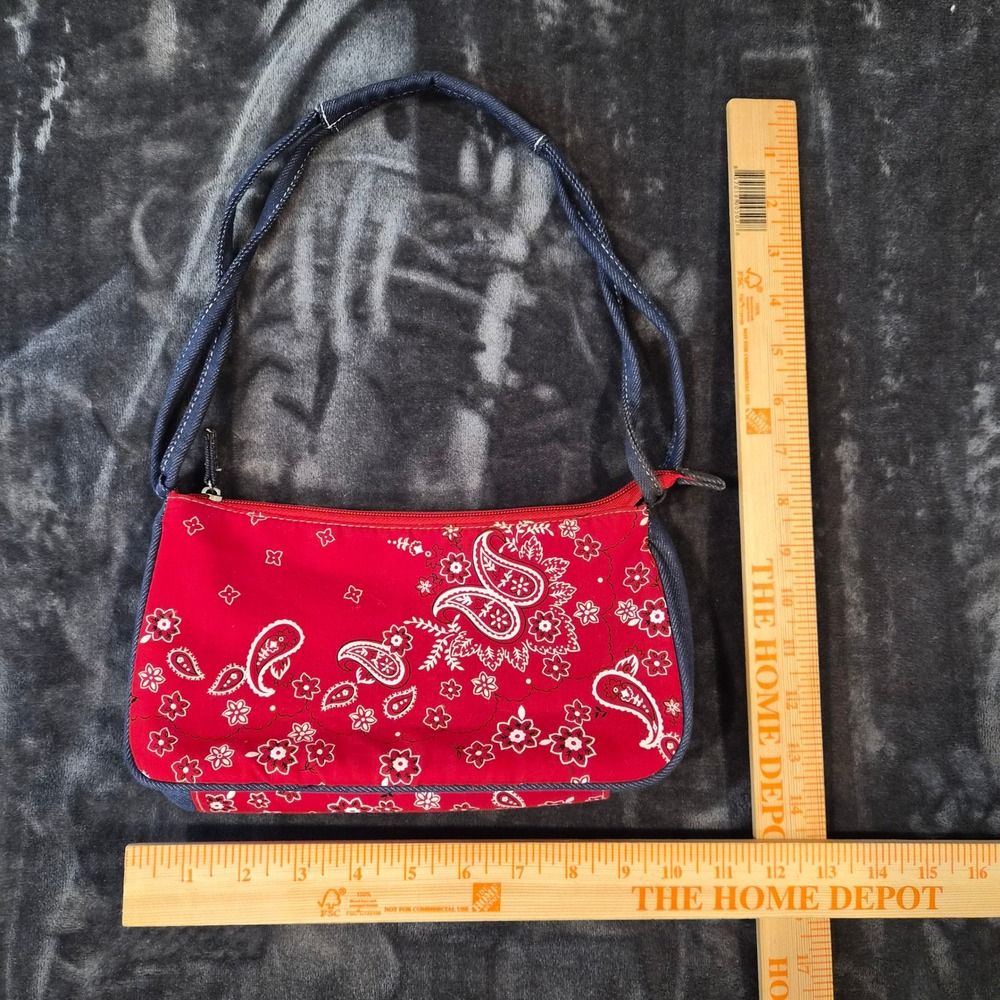 Red Paisley Bandana Print Denim Trim Baguette Shoulder Bag Y2K S#1945 - Picture 3 of 6